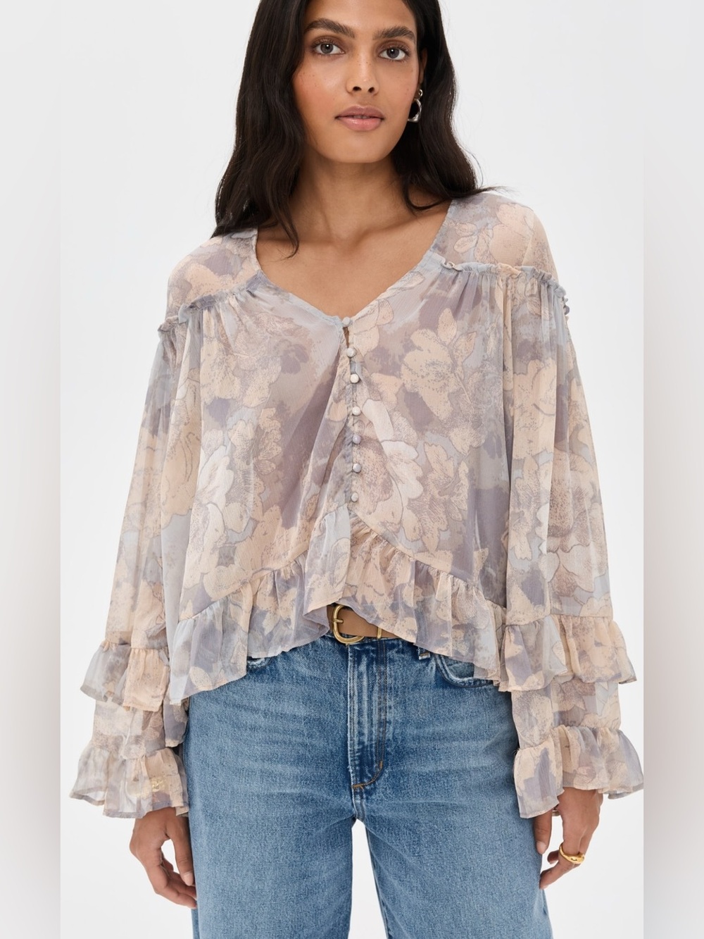 Free People Day Dreaming Blouse Sheer Floral Ruffle Fairy Blouse Top Size Large